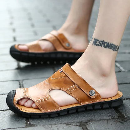 Men Sandals Summer Leather Men Shoes Breathable Walking Beach Slippers Outdoor Sandals Flat Casual  High Quality Fashion Sandals