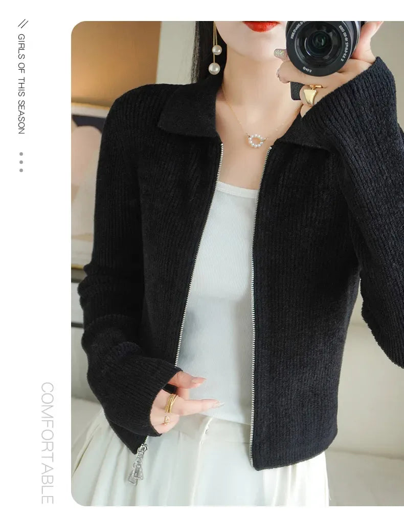 Women Autumn Winter Soft Wool Sweater Polo Collar Thicken Knitted Double Zipper Cardigan Basis Short Top Cashmere Female Coat