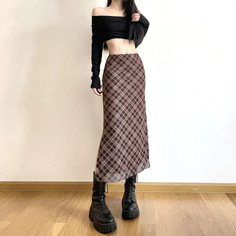 Women Spring Autumn Plaid Print Wrap Hips Skirts Fashion Ankle-Length Sexy Slim Pencil Skirts Preppy Style Girls Slit Midiskirt