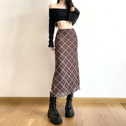 Women Spring Autumn Plaid Print Wrap Hips Skirts Fashion Ankle-Length Sexy Slim Pencil Skirts Preppy Style Girls Slit Midiskirt