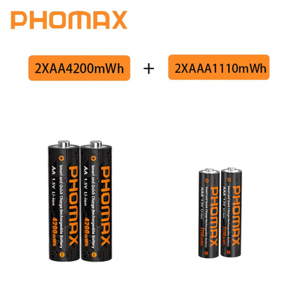PHOMAX New Fast Charger&Rechargeable Battery,1.5V AA 4200mWh & AAA 1110mWh Lithium Battery  For  Remote Control Mouse SmartDoor