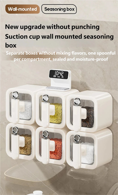 Non perforated seasoning box, seasoning storage container with spoon, spice jar, chili spice, kitchen organizer