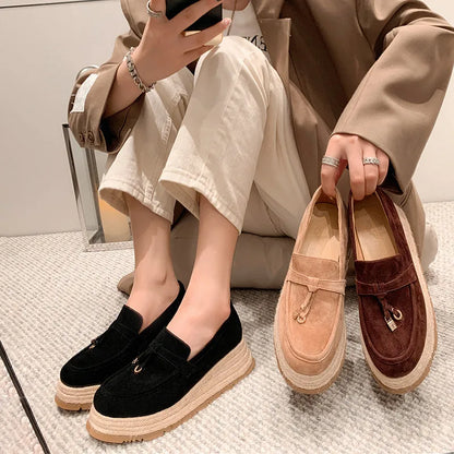 MKKHOU Fashion Loafers New High Quality Real Leather Suede Vintage Straw Braid Platform Shoes Daily Casual Light Shoes Neutral