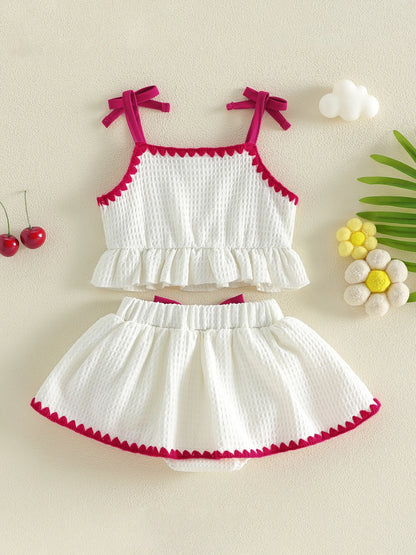 Sweet Baby Girl Summer Outfit Contrast Trim Ruffled Hem Cami Tops Cherry Applique Bow Skorts 2 Piece Girls Set