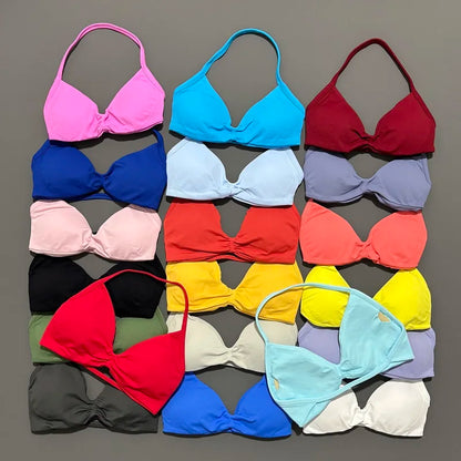 HISTELLO Strappy Bra Gym Top Women High Support Thin Strap Halter Sports Seamless Bras Scrunch Push-up Workout Yoga Tank Tops