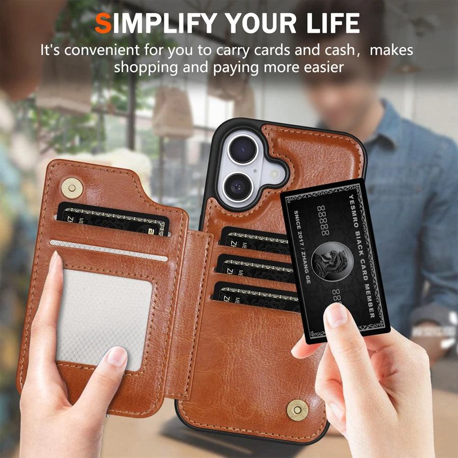 Wallet RFID Blocking Layer Protect Anti-Theft Magnetic Leather Case For iPhone Air 17 Pro Max 16e 15 Plus 14 13 12 11 Card Bag