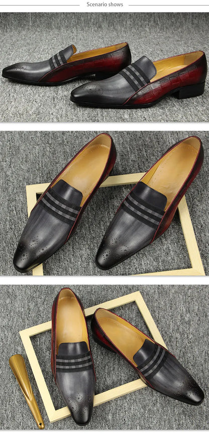 Loafer Men Fashion Cowhide Shoes Casual Gentleman Party Wedding  Leather Shoes Gray Red Mixed Striped Elastic Band Footwear