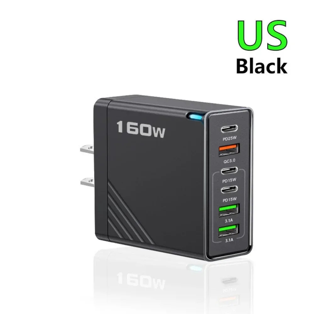 160W Fast Charge Phone Charger Adapter Multi Port USB Type C Charger For iPhone Samsung Xiaomi Huawei EU/US/UK Plug Wall Charger