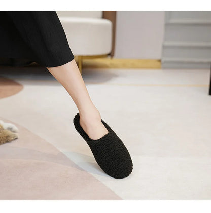 Big Size 43 Women Lambswool Slippers Winter Sheep Fur Shoes Ladies Flat Cotton Slides Home Pantuflas Daily Slip On Furry Mules
