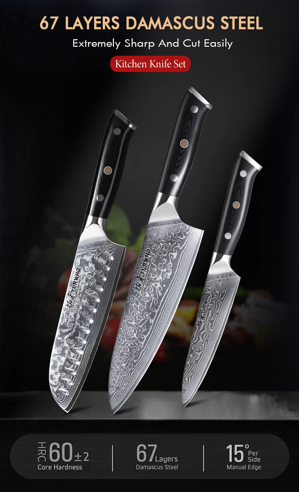 TURWHO 1PC-3PCS Professional Kitchen Knives Set Utility Santoku Chef Knife Japanese 67 Layer Damascus Steel G10 Handles Gift Box