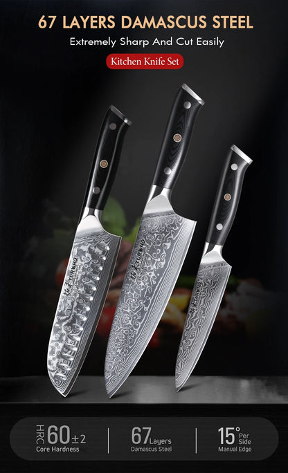 TURWHO 1PC-3PCS Professional Kitchen Knives Set Utility Santoku Chef Knife Japanese 67 Layer Damascus Steel G10 Handles Gift Box
