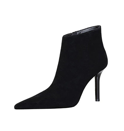 BIGTREE Shoes Suede Ankle Boots For Women Heels Winter Boots Pointed Stilettos High-heeled Boots Side Zipper Black Short Boots