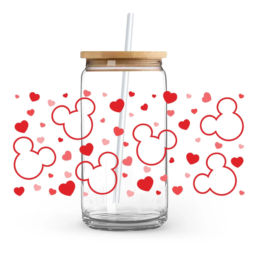 Valentine's Day cartoon Mickey Minnie Stitch Love 16oz Glass Cup UV DTF Transfer Film High-Quality Wraps Transfer Decals