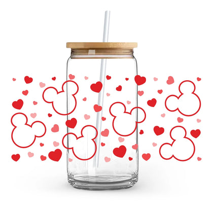 Valentine's Day cartoon Mickey Minnie Stitch Love 16oz Glass Cup UV DTF Transfer Film High-Quality Wraps Transfer Decals