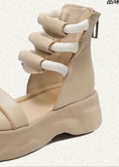 Koznoy 8cm Natural Genuine Leather Sandals Boots Flats Platform Wedge Summer Women Hollow Pumps Peep Toe Booties Mary Jane Shoes