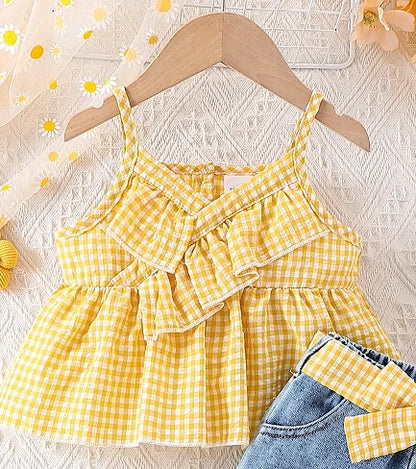 Summer Baby Girls Clothing Set & Denim Shorts Set 2-6Y | Yellow Plaid Ruffled Cami, Distressed Denim with Bow | Soft Breathable
