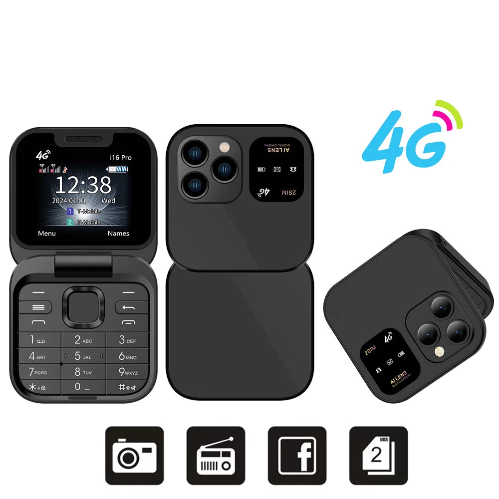 SERVO i16 PRO 4G LTE Mini Flip Mobile Phone Dual SIM Standby Call Recording Speed Dial FM Radio 1.77" Screen Foldable Cellphones