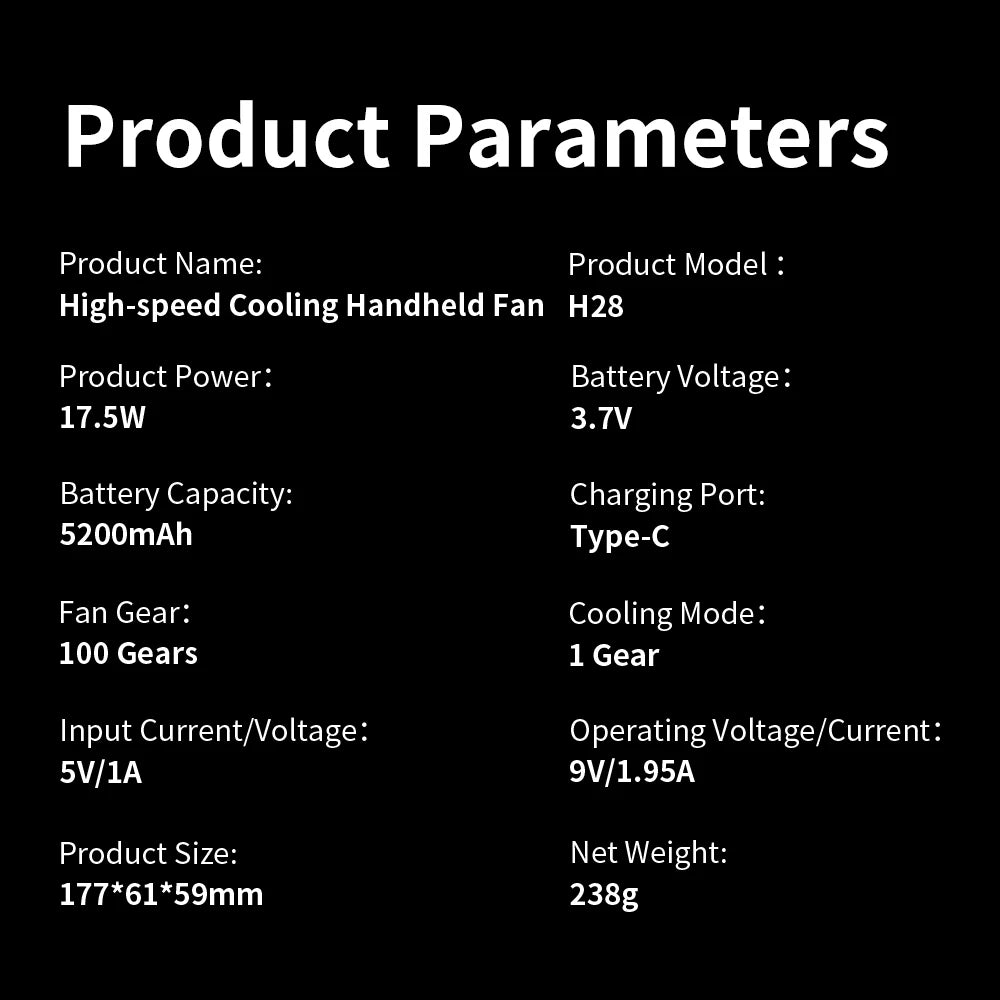 5200mAh Large Capacity Handheld Fan High Speed Refrigeration Handheld Fan 100 Speed  USB Charging Portable Fan