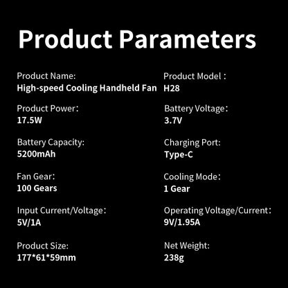 5200mAh Large Capacity Handheld Fan High Speed Refrigeration Handheld Fan 100 Speed  USB Charging Portable Fan