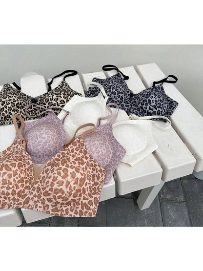 YUQI Leopard Print Bra - Ultra Thin No Underwire, Anti-Sag Bralette, Big/Small Chest Lightweight Gather, Breathable Smooth