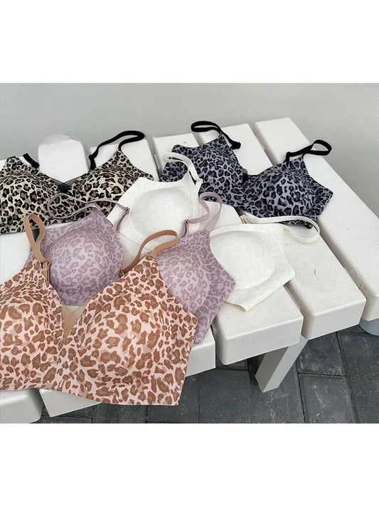 YUQI Leopard Print Bra - Ultra Thin No Underwire, Anti-Sag Bralette, Big/Small Chest Lightweight Gather, Breathable Smooth