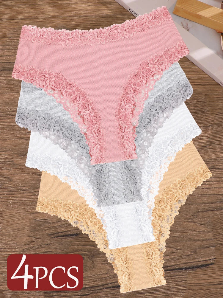 4Pcs/Set Seamless Cotton Brazilian Pants For Women Elastic High Waist Breathable Underpants Ladies Lace Panties Sexy Lingerie