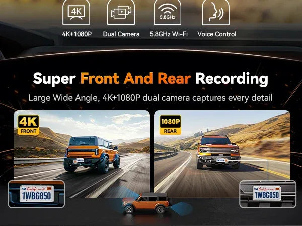 WOLFBOX G850 Front and Rear 4K 5.8Ghz WIFI Voice Control Dash Cam Car Camera WDR 1080P Dash Camera GPS Night Vision 24H Parking