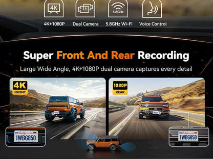 WOLFBOX G850 Front and Rear 4K 5.8Ghz WIFI Voice Control Dash Cam Car Camera WDR 1080P Dash Camera GPS Night Vision 24H Parking