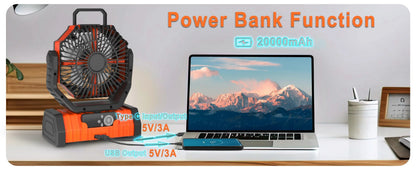 20000mAh 10000mAhUSB Rechargeable Camping Fan Portable Air Circulators Wireless Fans 270 ° Head Rotation Tent Fan with Hook