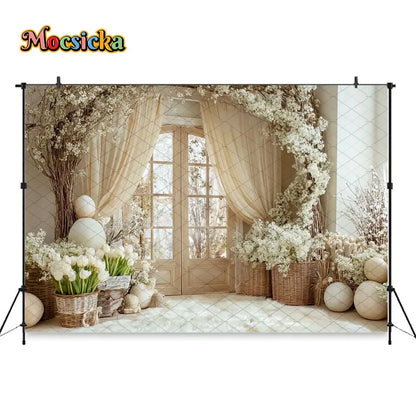 Mocsicka Spring Easter Background Photography White Retro Door Colorful Egg Floral Backdrop Maternity Newborn Photozone Studio