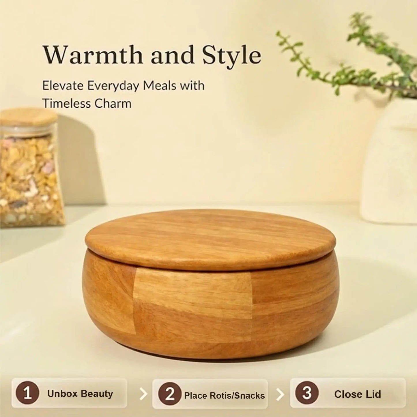 Wooden Round Food Storage Bowl With Flip Top Lid Handcrafted Minimalist Design For Kitchen Freshness Preservation