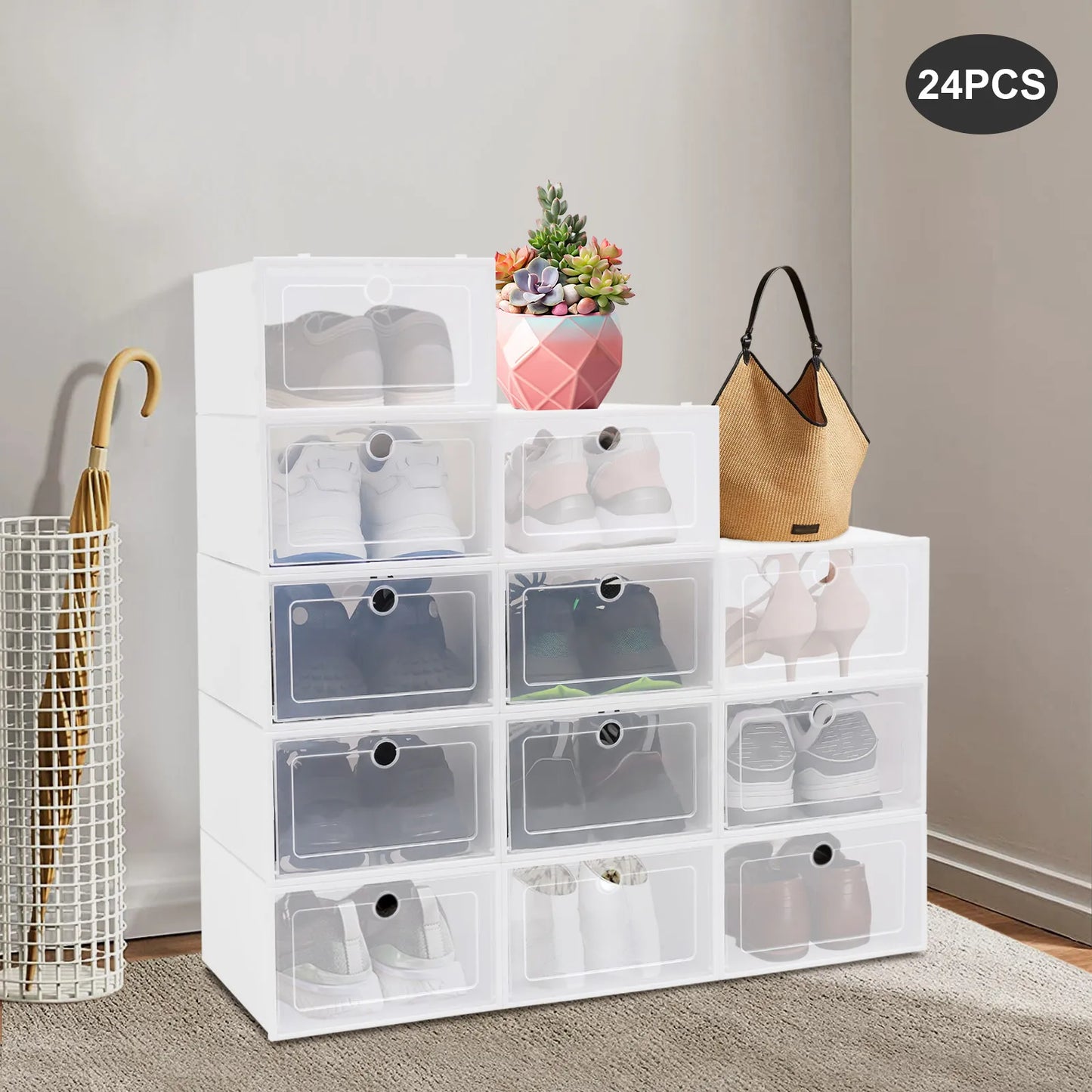 Lot de 24 boîtes à chaussures empilables, épaisses et robustes, transparentes et multifonctionnelles, pour le rangement universel de chaussures et de bottes.