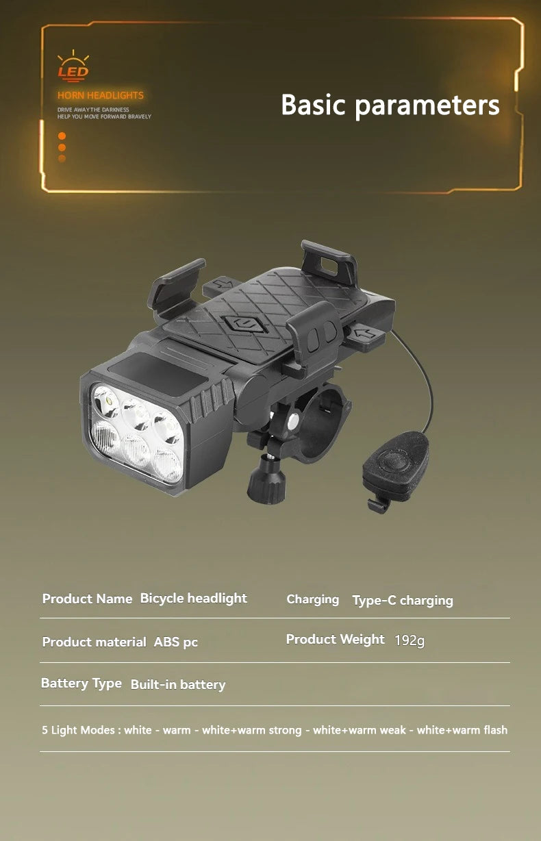 Bicycle Front Light with Horn & Phone Holder Cycling Bicycle Headlight Multifunctional Phone Holder Lamp Cycling Accessories