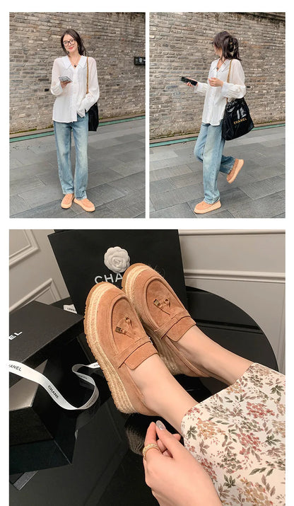 MKKHOU Fashion Loafers New High Quality Real Leather Suede Vintage Straw Braid Platform Shoes Daily Casual Light Shoes Neutral
