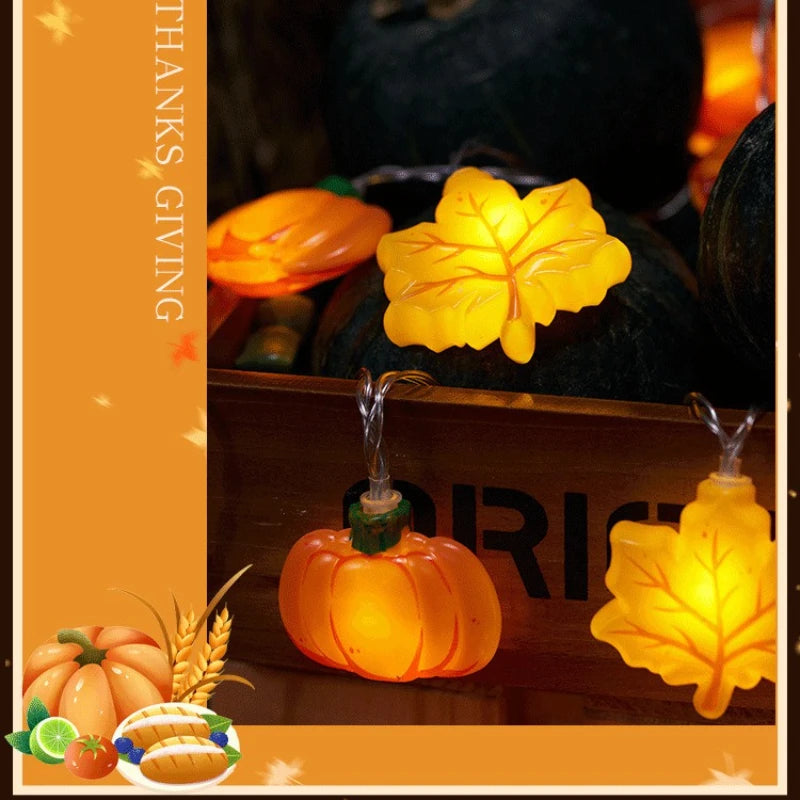 Guirlande lumineuse LED de 1,5/3 m en forme de citrouille, de noix et de feuille d'érable, idéale pour Halloween, Noël ou toute autre fête. Décoration à suspendre, accessoire de décoration ou cadeau de Thanksgiving.