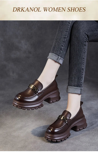 DRKANOL Women Genuine Leather Loafers 2026 Spring Autumn Thick High Heel Chunky Platform Handmade Retro Metal Trend Casual Shoes