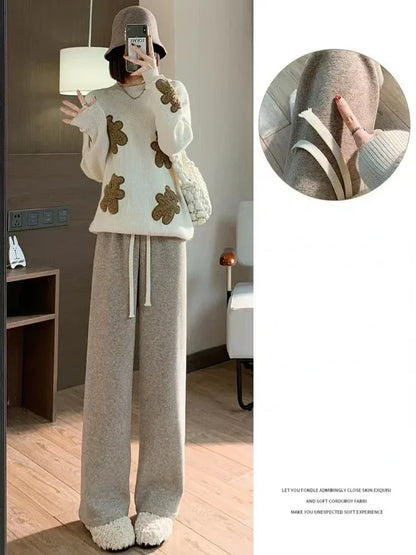 Autumn Winter Plush Pants Women  Soft Straight Tube Flared Pants High Elasticity Waist Casual Fashion Knited Woolen Pants