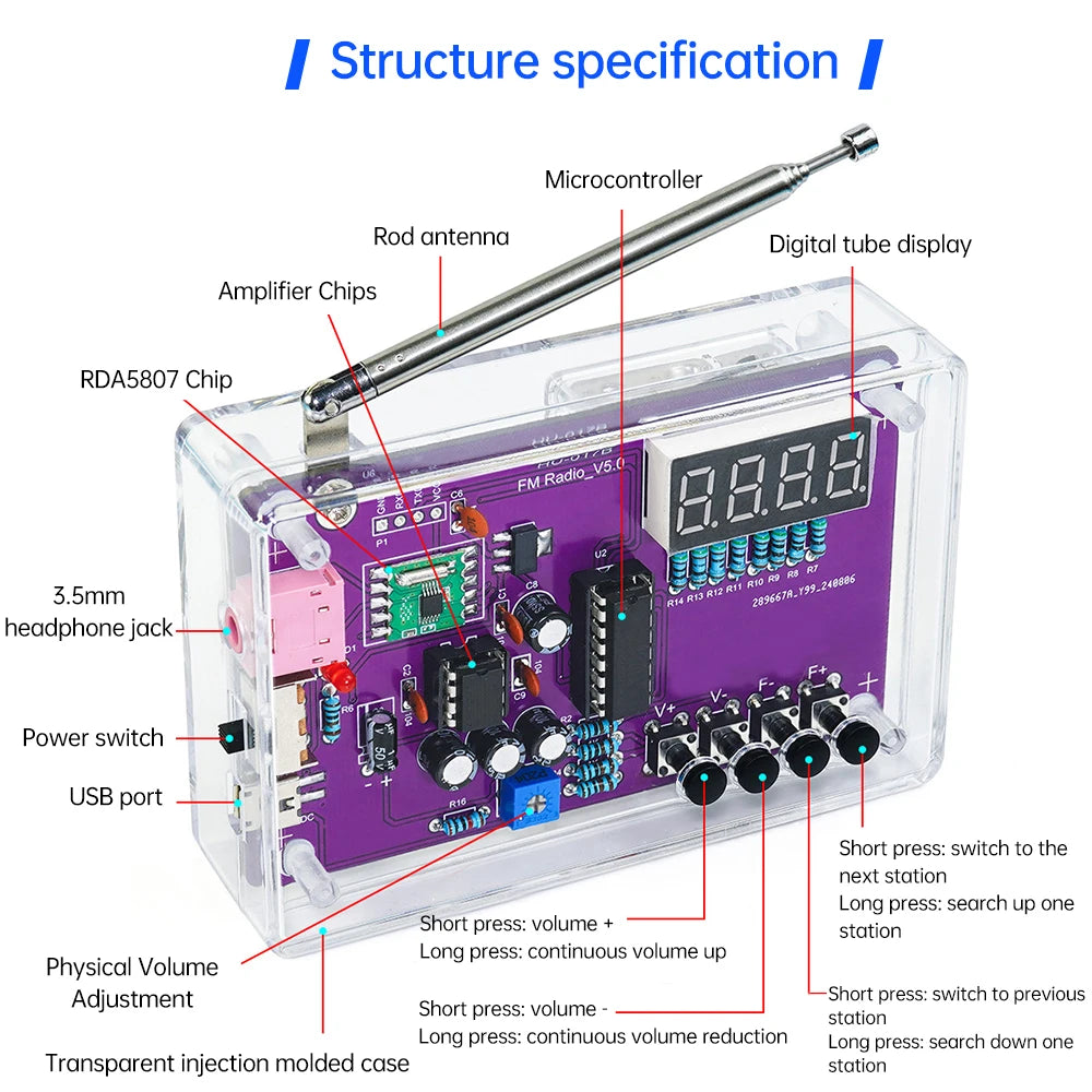 DIY FM Radio Electronic Kit  87-108MHz Adjustable Frequency Digital Display Soldering Project Practice Solder RDA5807S