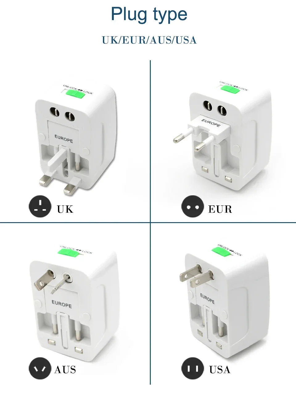 5YOA Power Socket Charging Port Universal Worldwide Travel Wall Charger AC Power AU UK US EU Plug Adapter Adaptor Option 2 USB