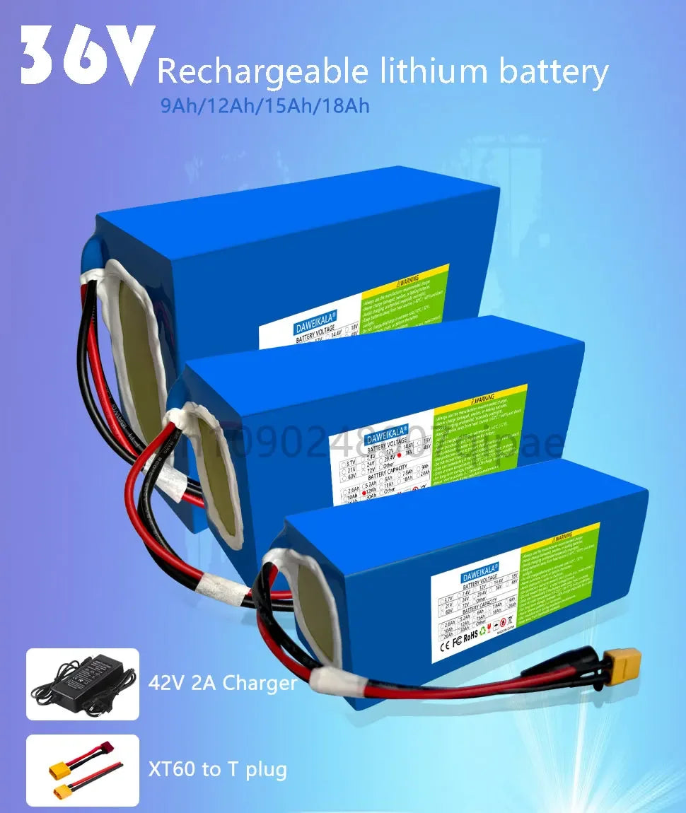 36V 18AH 15AH 12AH 9AH Rechargeable Lithium Battery Pack 100-1300W Electric Motorcycle Scooter Bicycle with BMS Battery Pack