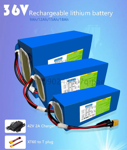 36V 18AH 15AH 12AH 9AH Rechargeable Lithium Battery Pack 100-1300W Electric Motorcycle Scooter Bicycle with BMS Battery Pack