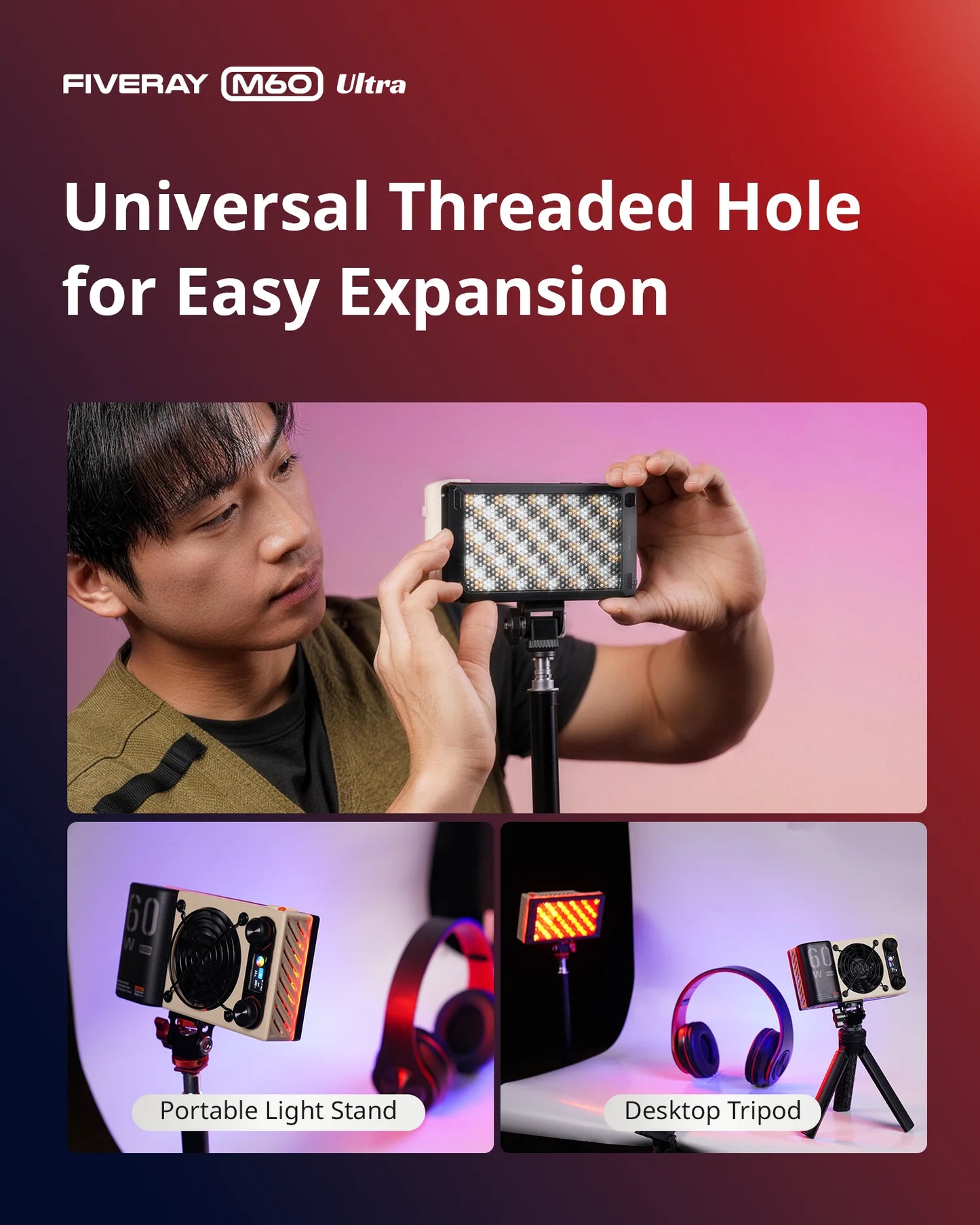 ZHIYUN FIVERAY M60 Ultra 60W RGB COB Pocket Light, High CRI ≥95, Full-Color 2500‑10000K, 4500mAh Battery, APP Control for Vlog