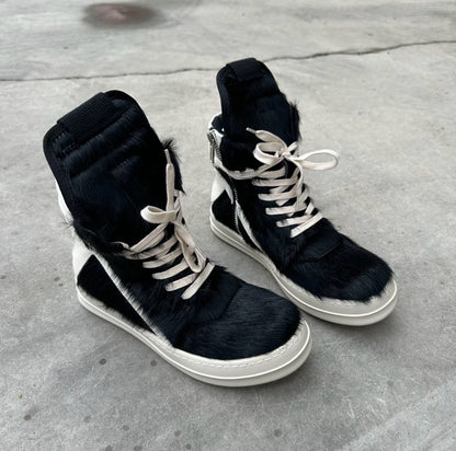 Ro Casual Shoes Men High Top Shoe Black Horse Hair Women Sneaker Black Horsehair Ankle Boot White Leather Boots Flat Sneakers