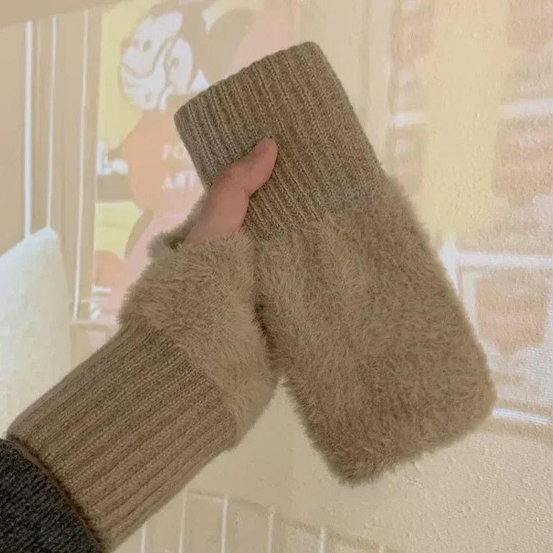 New Solid Color Plush Gloves Women in Autumn and Winter Warm Luxury Woolen Knitted Touch Screen Open Finger Half Finger Gloves