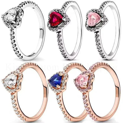 New Colored Crystal 925 Sterling Silver Ring Exquisite Women Shiny Heart Series Simple Ring Valentine's Day Gift for Lovers