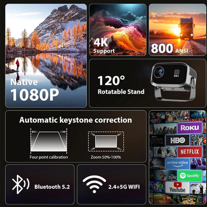 Mini 4K Projector Wall Projector, Portable Outdoor Movie Projector with Built-in Wi-Fi, Speaker & Digital Keystone, HDMI/BT,