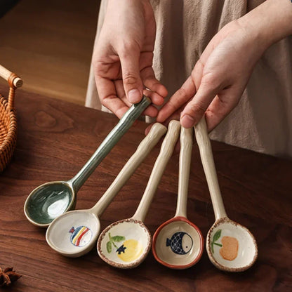 Cute Ceramic Flower Soup Spoon Kawaii Korean Ice Cream Hand Painted Dessert Spoon With Long Handle Kitchen Tableware Accessories