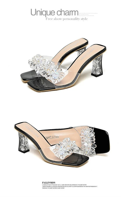 2023 Summer Square Head Open Toe Fashion Transparent Soft Flower Women's Slippers Crystal Heel New High Heel Sandals
