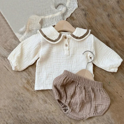 2pcs Newborn Baby Girls Clothes Organic Cotton Ruffled Collar Lapel Long Sleeve Shirt Top + Bread Pants Korean Casual Clothing