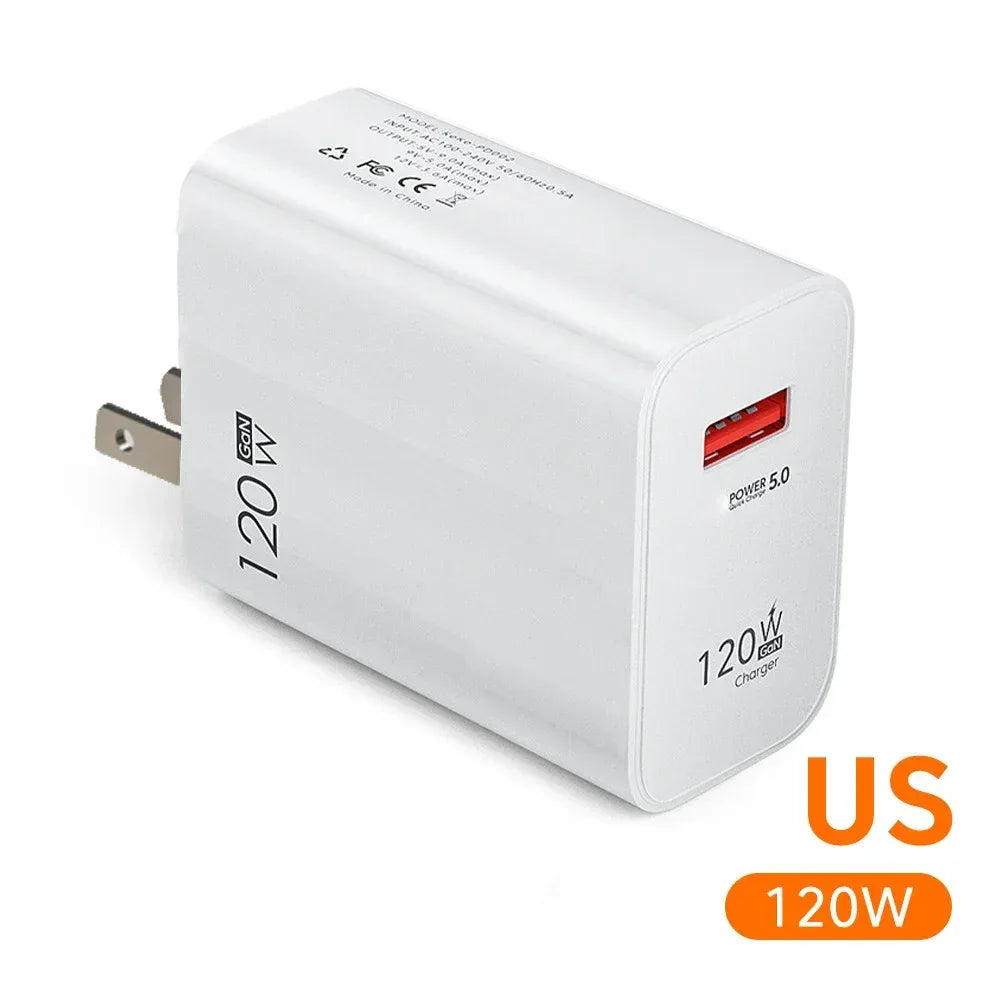USB GaN 120W Charger Quick Charge 3.0 EU/US Plug Phone Charger Adapter Type C Wire For iPhone Samsung Xiaomi Huawei Fast Charger